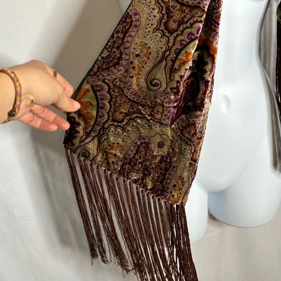 Ellen Tracy Velvet Paisley Fringe Scarf in Olive Green & Brown - Picture 3 of 5